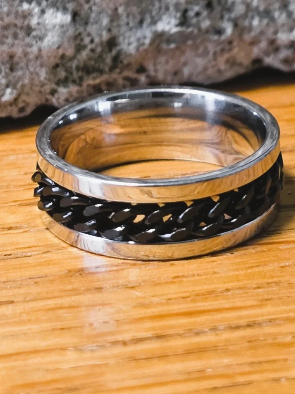 NEW! Stainless Steel Spinner Ring with Black Braided Chain Fidget Band - Size 10